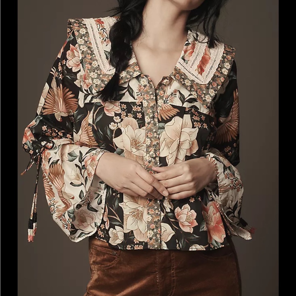 Farm Rio Long-Sleeve Collared Embroidered Blouse